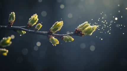 Fotobehang Close-up view of pollen flying from tree flower bud into air in allergy season. © rabbit75_fot