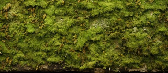 This close-up shot showcases a textured wall completely covered in lush green moss. The intricate...