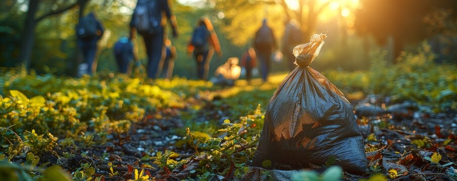 Earth Day community clean-up; volunteers in the park, bags of collected trash, teamwork.