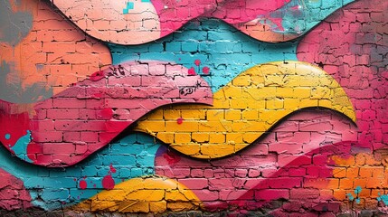 The old wall decorated with paint stains in the style of street art culture. Colorful background of full graffiti painting artwork with bright aerosol outlines on wall. Colored background texture