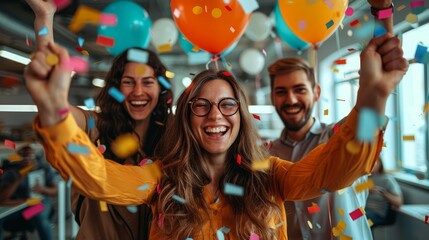 The E-commerce team is celebrating hitting a major sales milestone with balloons and confetti, joyful expressions, and a modern office background.