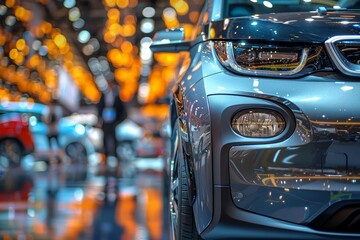 Electric vehicle showcase highlights latest tech, sustainability, innovation, sleek, and modern aesthetics.