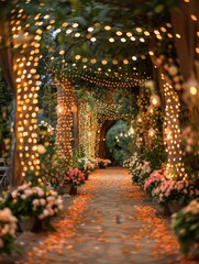 Fototapeta premium Enchanting forest wedding setup, fairy lights, natural greenery, and a romantic atmosphere
