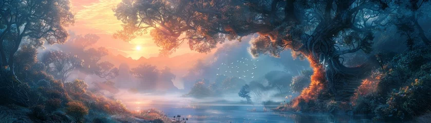 Fototapeten Fantasy landscape with mythical creatures, magical forest at sunrise, highlighting creativity, adventure, and the art of storytelling. © Fokasu Art