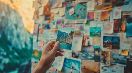 Close-up of a hand holding a vision board filled with images representing personal goals for the upcoming year. generative ai