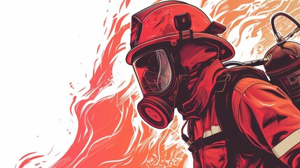 Firefighter fighting to put off fire flames. Vector drawing.