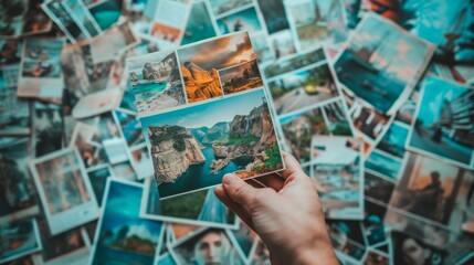 Close-up of a hand holding a vision board filled with images representing personal goals for the upcoming year. generative ai