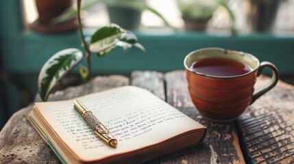 handwritten list of goals next to a decorative pen and a cup of tea generative ai