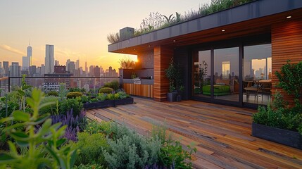 Gardening show segment on urban rooftop gardens, host interviewing city dwellers, innovative designs and sustainability, skyline views