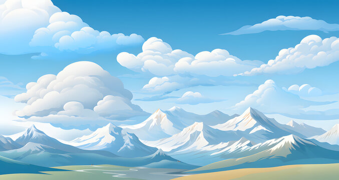 a cartoon picture of an amazing landscape with mountains and clouds