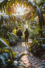 Gardening enthusiasts explore a botanical garden, sharing exotic plants and sustainable tips, informative and visually engaging.