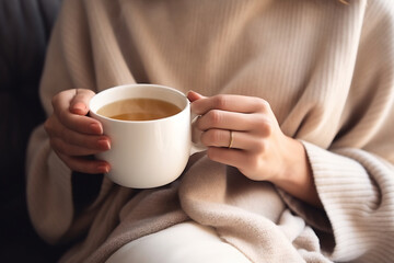 Cozy Comfort, Person Relaxing with a Warm Cup of Coffee. Homely Warmth and Relaxation Concept