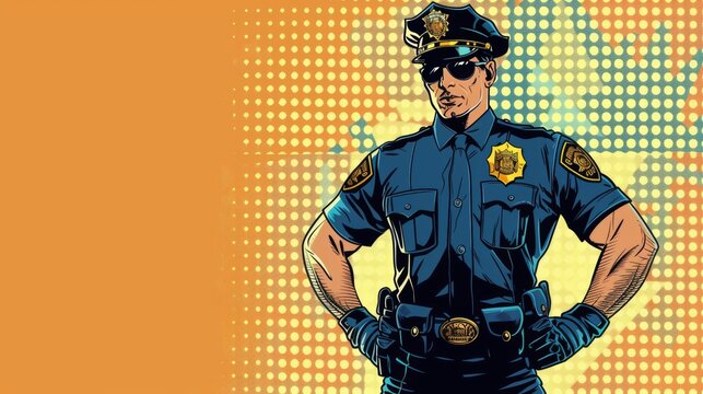 Vector illustration of close-up view of police officer. Comic book.