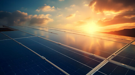 Solar panels and the sun shining on then AI generative. - obrazy, fototapety, plakaty