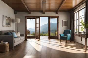 Naklejka premium abstract interior of a rural house room with beautiful window view. High quality illustration