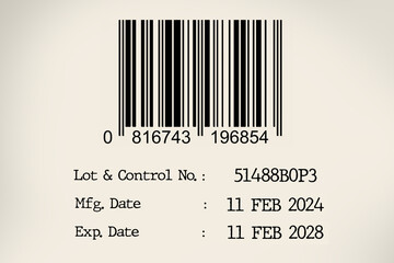 Details of expiry date and manufacturing date with bar code on product label.