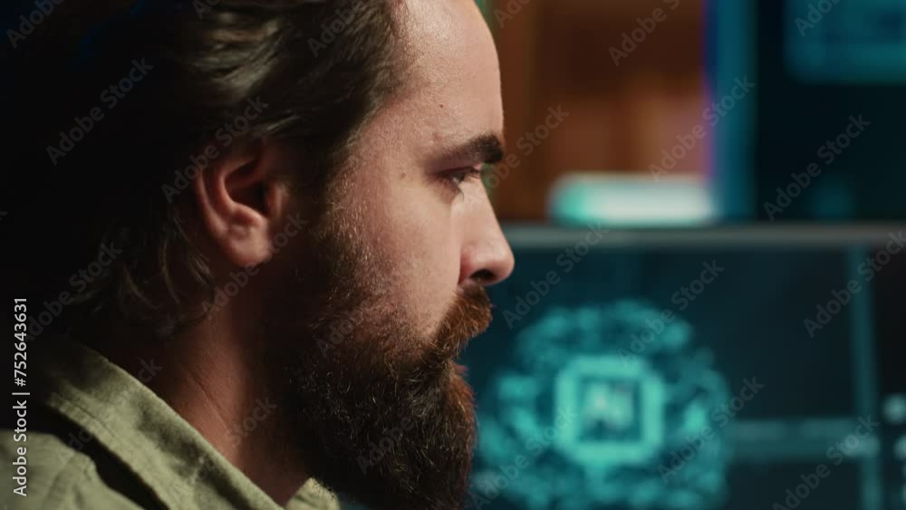 Poster stressed programmer updating artificial intelligence neural networks, writing binary code scripts. f