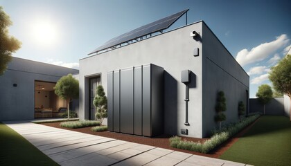 Fototapeta premium Battery mounted on house, sleek design, no handles, clear sky above. House with large battery, clear sky, solar power, garden view.