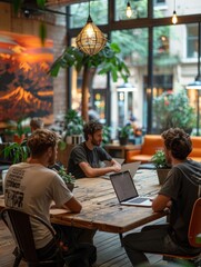 Innovative startup, young tech team collaborating on groundbreaking projects in a vibrant office space.