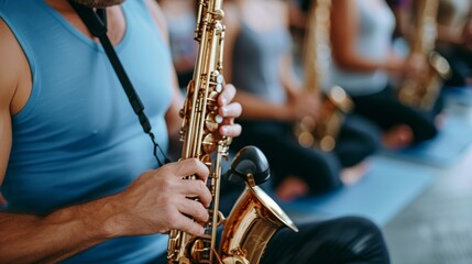 Obraz premium Closeup of man playing saxophone generative ai