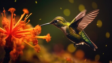 Hummingbird in flight with flower in the background.