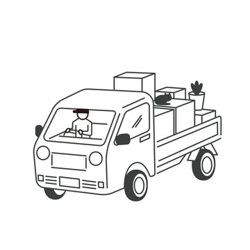 recommend clip art: 荷物を載せた引っ越しトラックのイラスト　運転手、猫あり