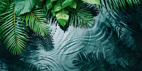 top view of green palm leaves on water surface