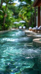 Luxury spa haven in serene tropical oasis, focuses on relaxation, beauty, exclusive services, tranquility, and lush surroundings.