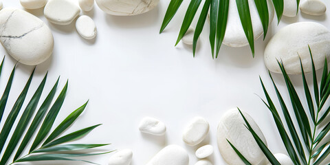 Top view of natural white stones and palm leaf photo