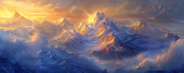 Majestic mountain landscape at dawn, golden light illuminating the peaks, solitude and beauty. - obrazy, fototapety, plakaty