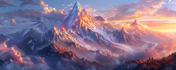 Majestic mountains glow in dawn's golden light, capturing solitude and beauty of the landscape.