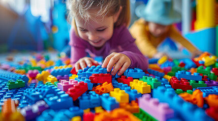 Fototapeta premium children play with multi-colored construction sets, the concept of fine motor skills in children, and manifestations of ingenuity 