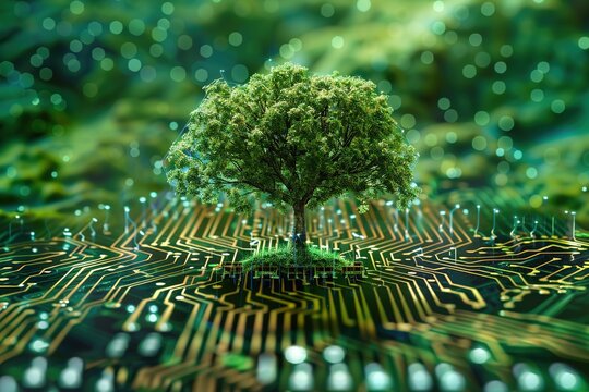 symbolizing green technology. conceptual image blending nature with technology, illustrating a tree seamlessly integrated with digital circuits