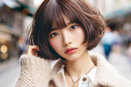 street snapshot image of beautiful young Asian woman with short bob haircut