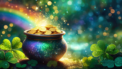 Magic pot with gold, St. Patrick's Day, Rainbow, Bokeh background	