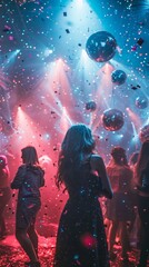 Fototapeta na wymiar New Year's Eve dance party, glittering decorations, DJ, energetic crowd, countdown