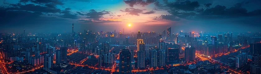 Deurstickers Nighttime cityscape photography captures skyline against dark sky, from high vantage point. © Fokasu Art