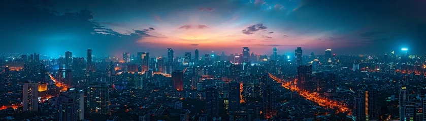 Deurstickers View the city skyline beautifully illuminated against the dark night sky in nighttime photography from a high vantage point. © Fokasu Art