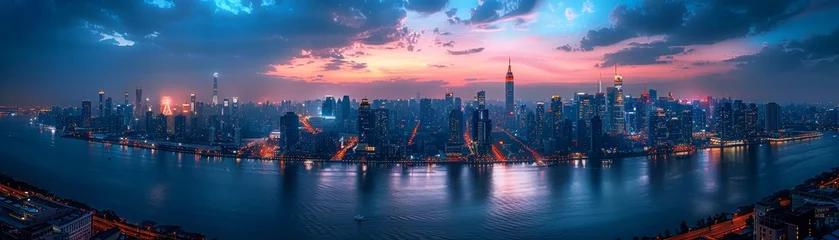 Deurstickers Nighttime cityscape captures skyline glowing in the dark from a high vantage point. © Fokasu Art