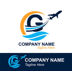 Letter G with Wave and Flying Plane for Travel Agency Logo. Vector Design Logo for travel transportation label, tourism, flight company advertising 