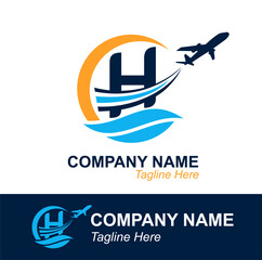 Letter H with Wave and Flying Plane for Travel Agency Logo. Vector Design Logo for travel transportation label, tourism, flight company advertising 