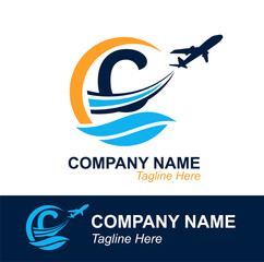 Letter C with Wave and Flying Plane for Travel Agency Logo. Vector Design Logo for travel transportation label, tourism, flight company advertising 