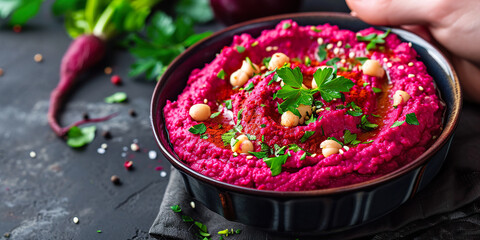 Vegetarian beetroot and pumpkin hummus