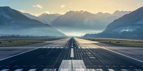 View of the runway of the airport and a take of plane - obrazy, fototapety, plakaty