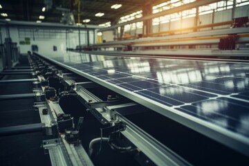 Obraz premium Solar panel in manufacture assembly line. Concept for green renewable energy.