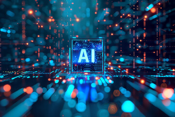 AI Font in 3D style like a micro chip on a  mother board futuristic background wallpaper - obrazy, fototapety, plakaty