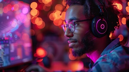 A professional gamer is streaming a live match with vibrant LED lights and a dual monitor setup in a dark room.