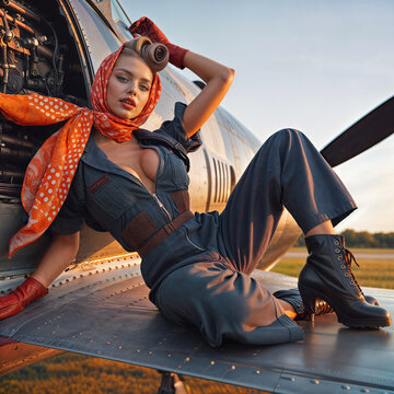 Beautiful WW2 pinup glamour model wearing orange headscarf and overalls near vintage Mustang aircraft 