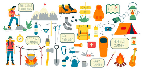 Set of hiking equipment for camping, trekking, base camp. Active vacation and tourism. Flat vector illustration 