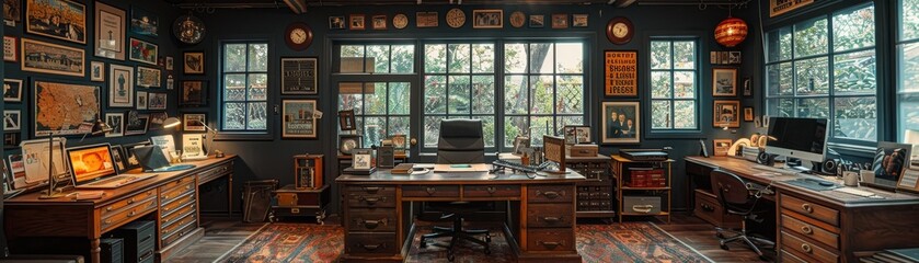 Quirky home office setup; a creative person with unique collectibles in an inspiring space.